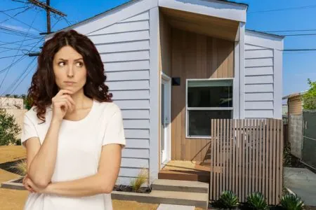 thinking woman in front of accessory dwelling units