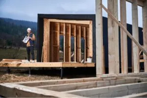 male engineer building wooden frame of accessory dwelling unit